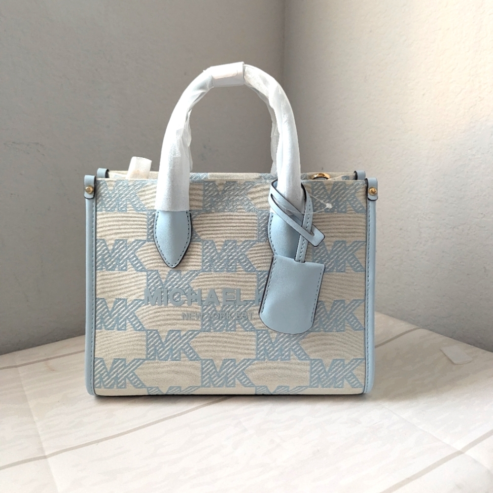 NWT Michael Kors Mirella Small Logo Jacquard Satchel Crossbody Bag Vista Blue